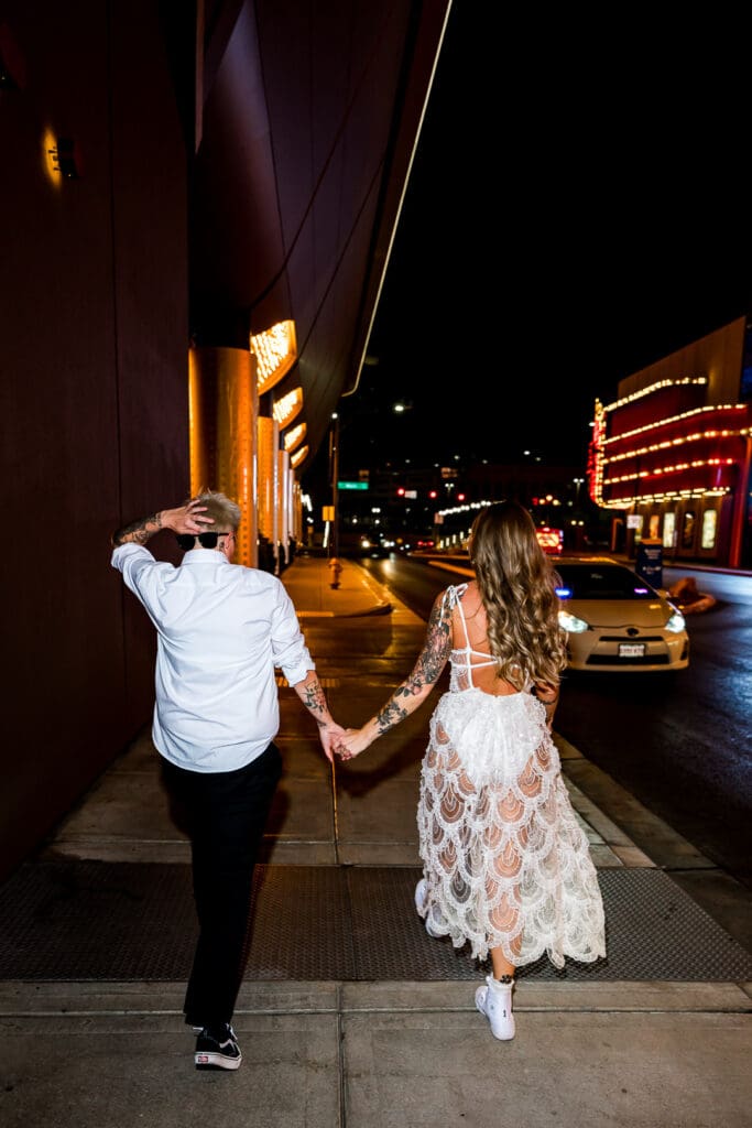 couple walking around fremont street