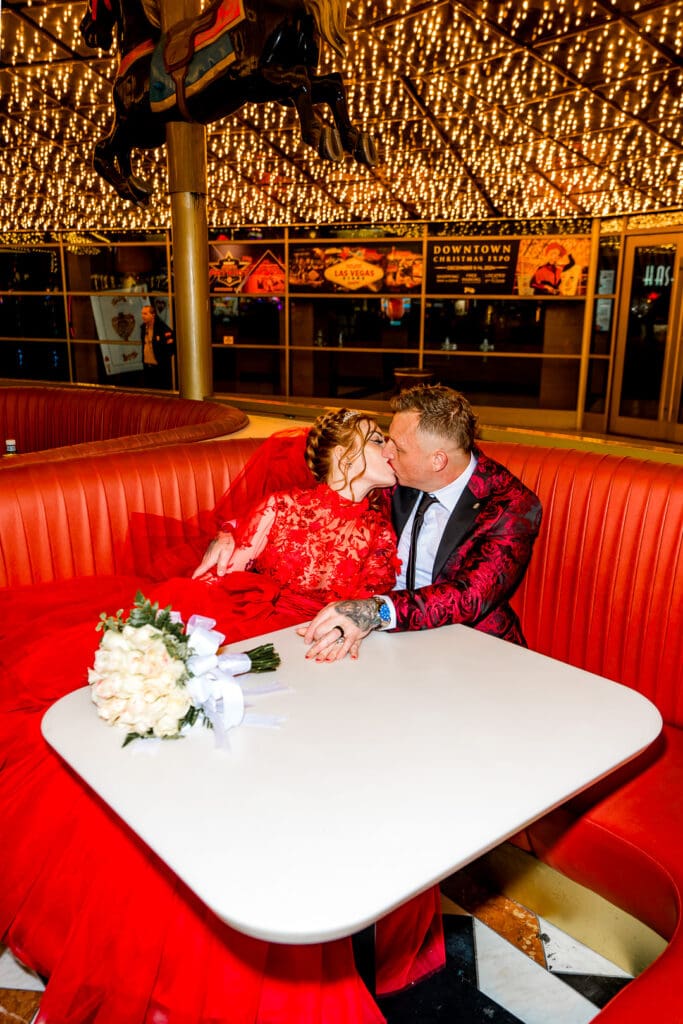 portrait of the newlyweds kissing at their las vegas micro wedding 