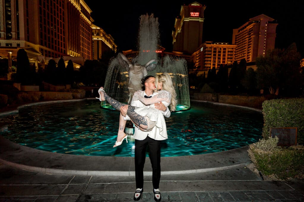 happy couple at caesars palace in las vegas during their bridal photos