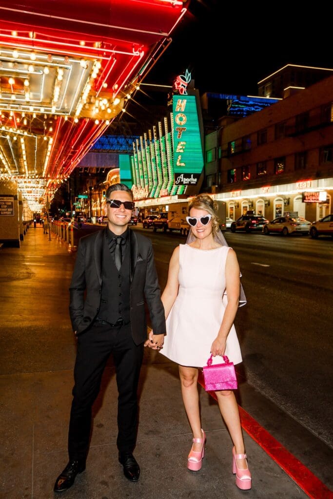 couple walking around fremont street 