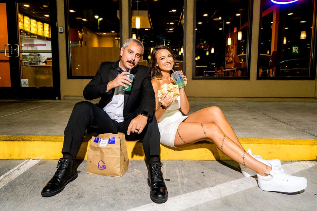 fun bride and groom portraits at taco bell