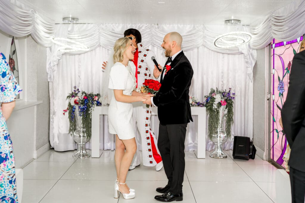 happy couple at their dream ceremony at little white chapel