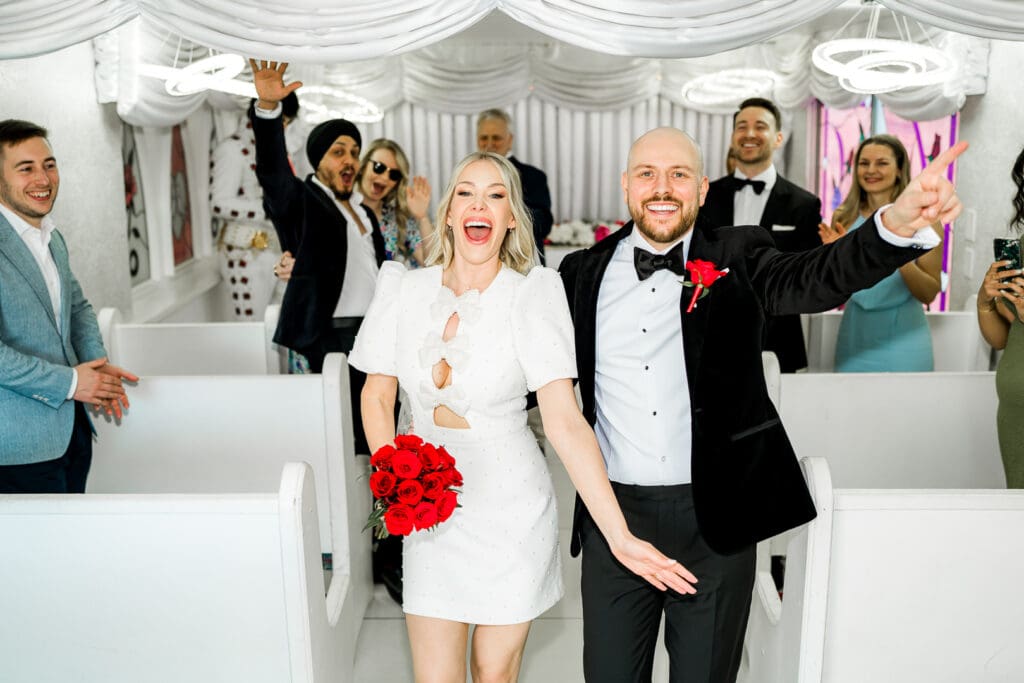 happy couple heading to their reception adventure in las vegas