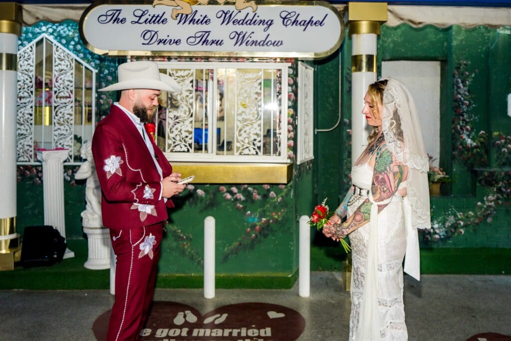 groom reading his vows at his dream las vegas elopement