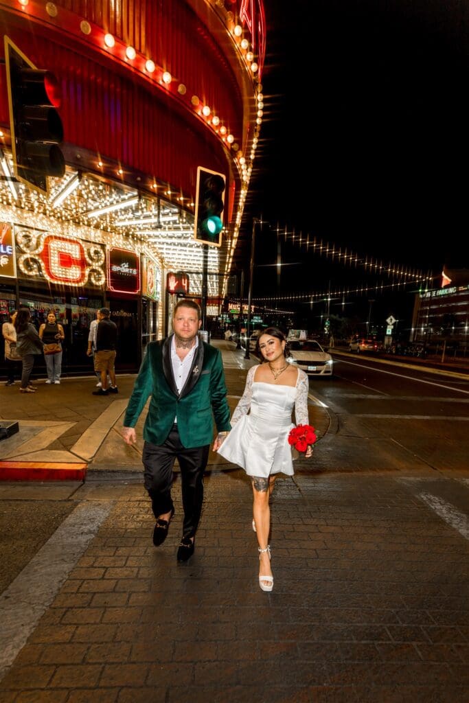 happy couple walking around DTLV after their ceremony
