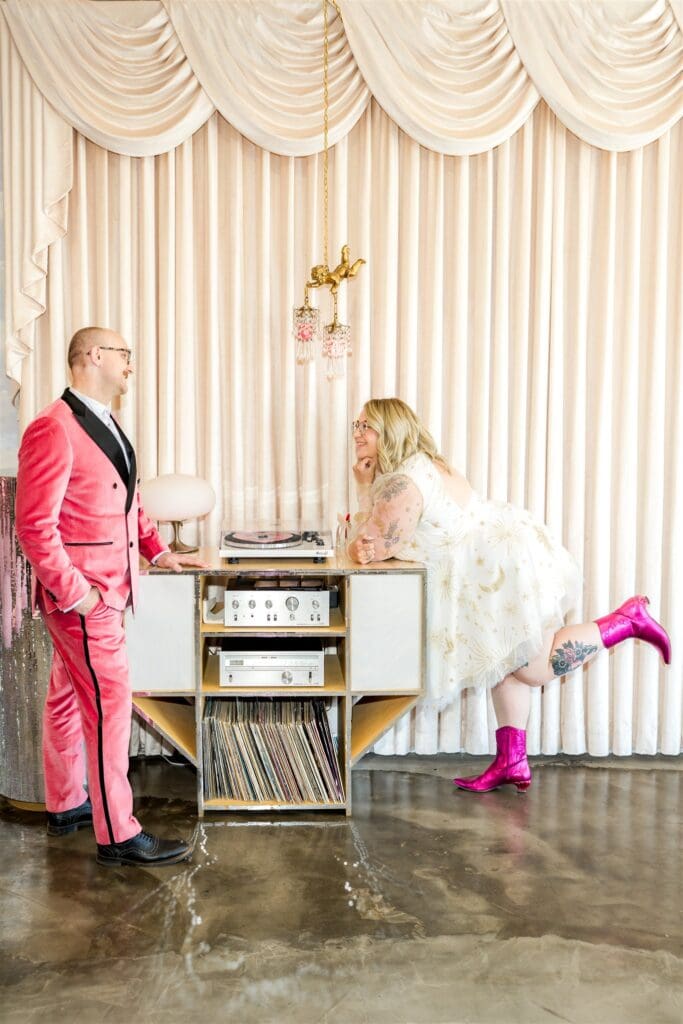 cute picture of the newlyweds smiling at each other 