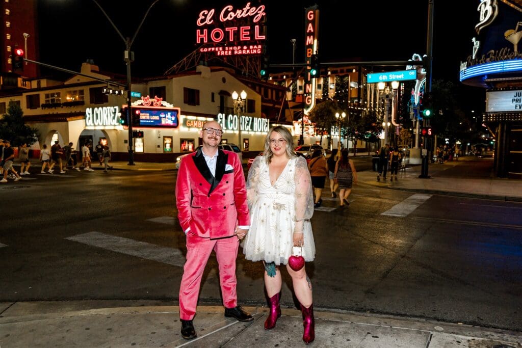 happy couple walking around DTLV during their photoshoot