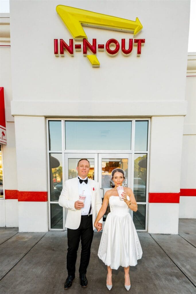 couple having in n out after their ceremony 