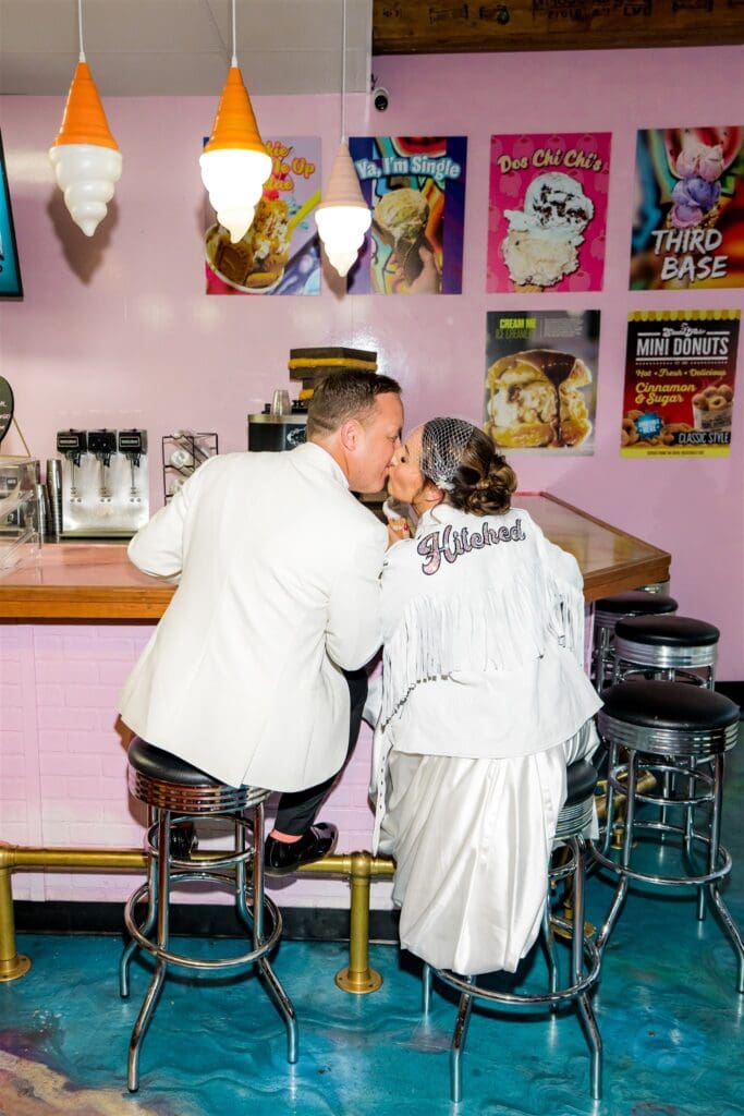 newly married couple kissing during their bridal session