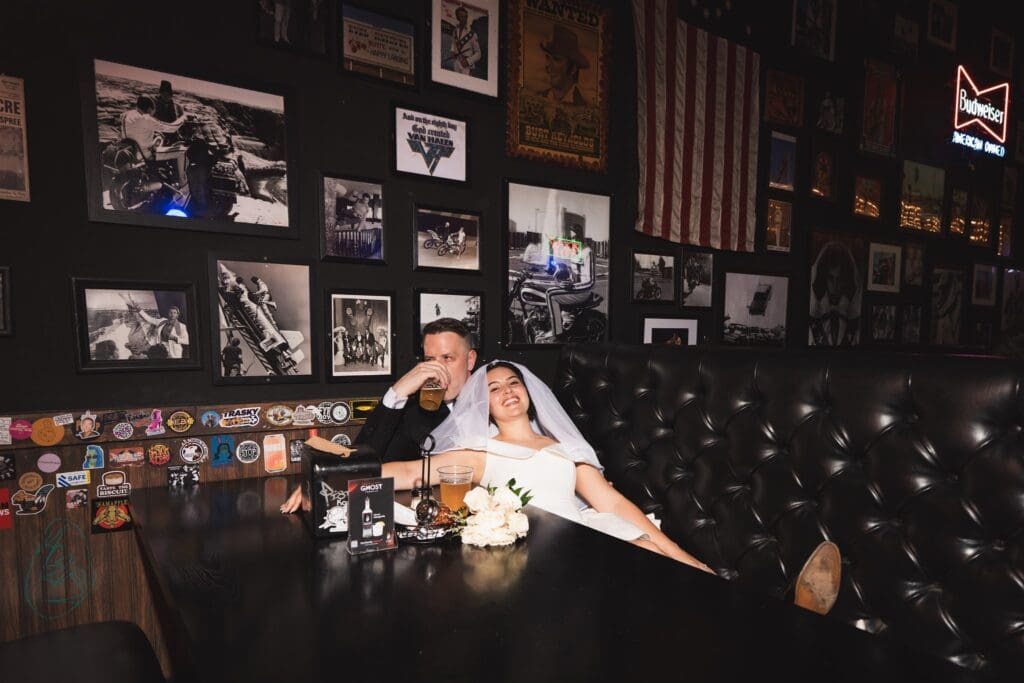 newlyweds walking around DTLV during their bridal portraits
