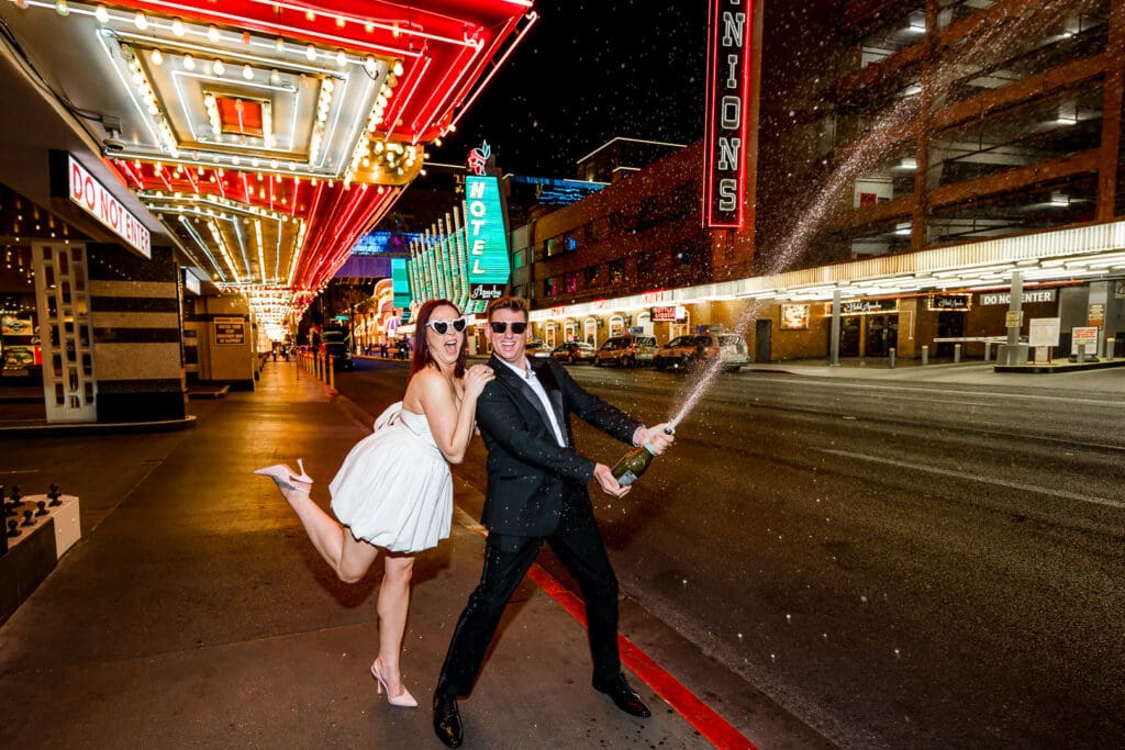 Couple having the best time during their bridal portraits in Sin City