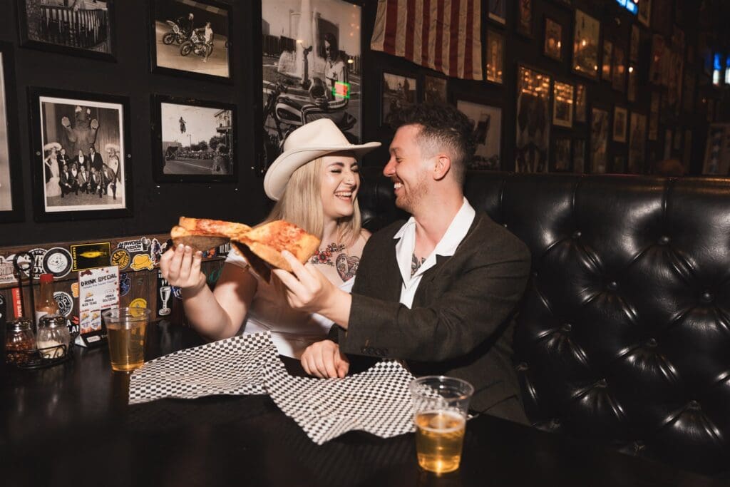 Cheesy in All the Right Ways: Leah & Jack’s Wild Bridal Session at Evel Pie