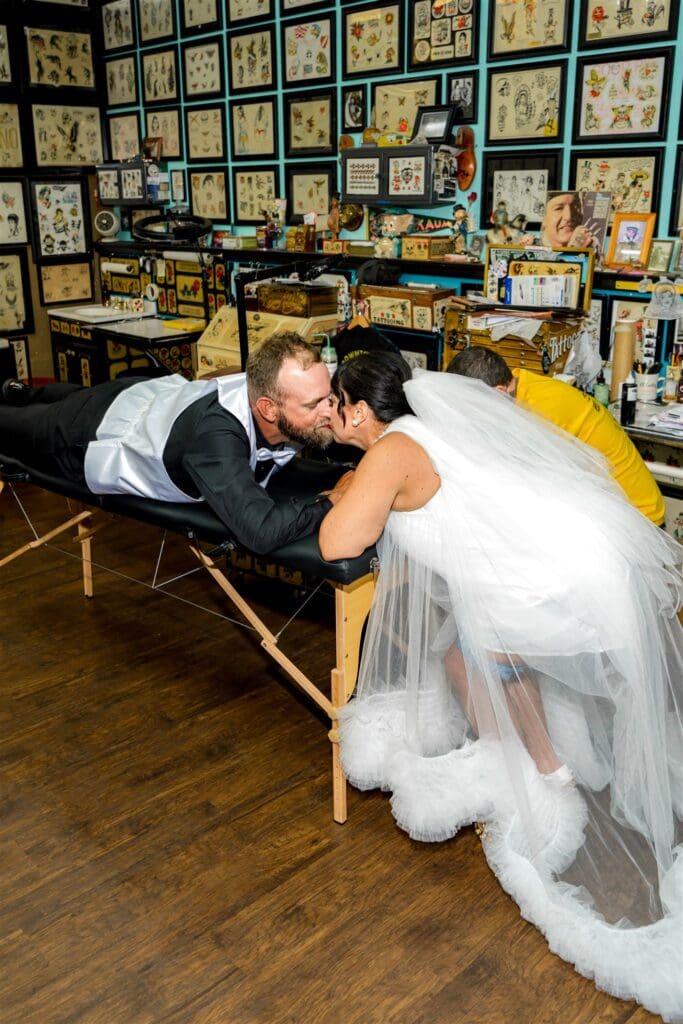 portrait of the newlyweds kissing