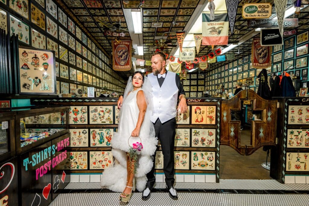 Iconic Fremont Street Elopement with Surething Vows & Tattoo Seals