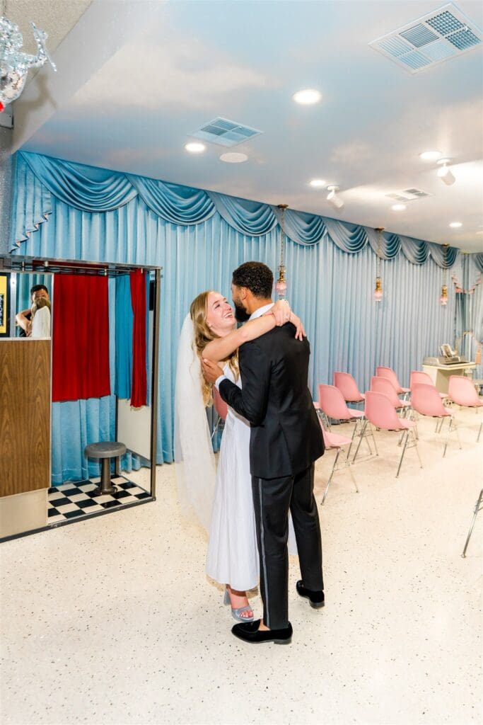 Cute picture of the newlyweds smiling at each other