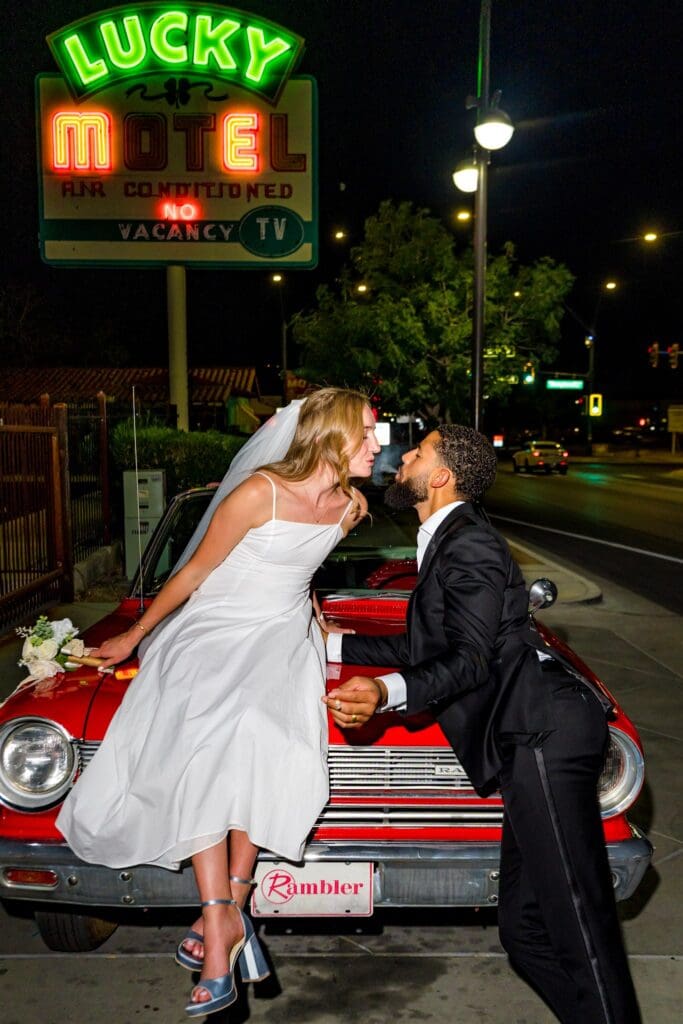 Portrait of the newlyweds, kissing