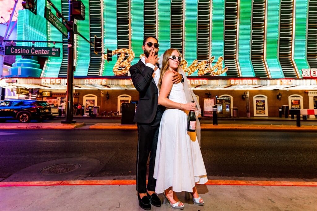Iconic Sure Thing Chapel Elopement That Lit Up Downtown Vegas: Ashton & Dominic Went Full Fremont