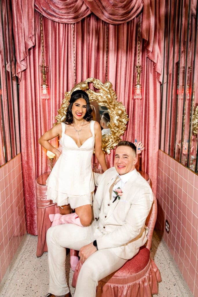 Couple smiling at the camera during the bridal portraits