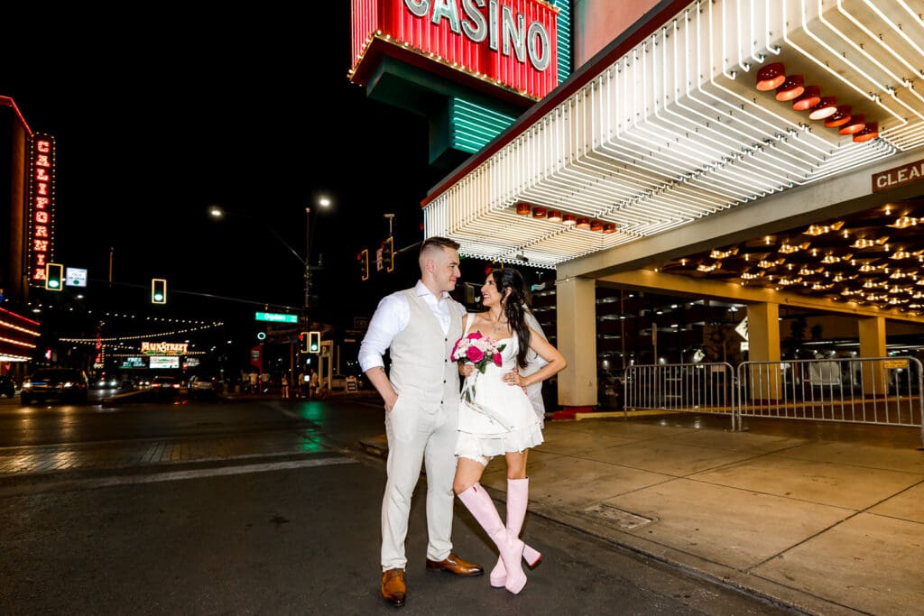 Couples celebrating their elopement in Fremont Street
