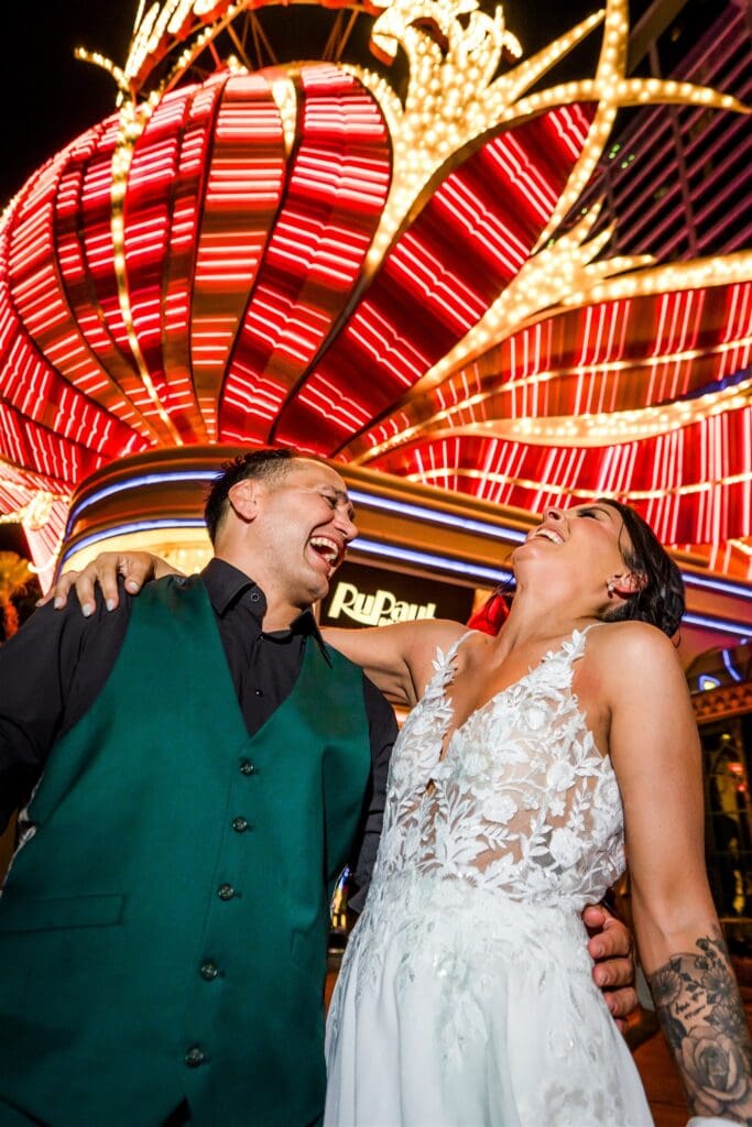 newlyweds laughing with each other