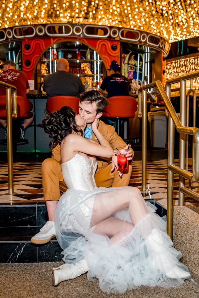 portrait of the bride and groom kissing