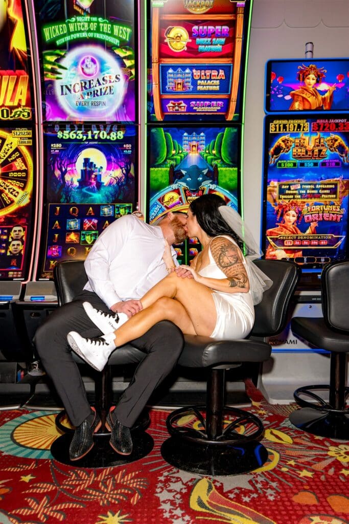 portrait of the newlyweds kissing