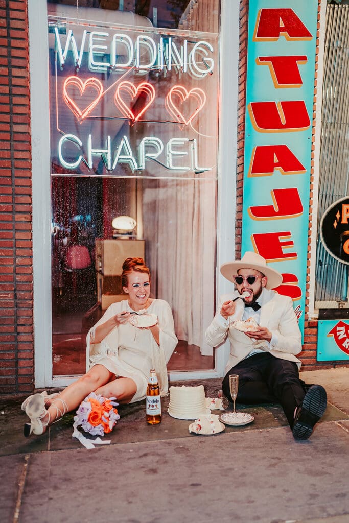 newlyweds celebrating their elopement with champagne