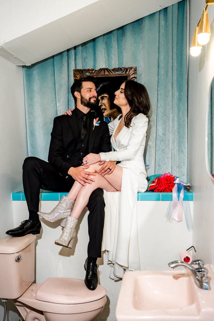 cute picture of the newlyweds smiling at each other